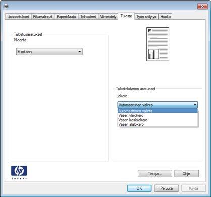 2. Valitse laite ja paina Ominaisuudet- tai Määritykset-painiketta. 3. Valitse Tulostus-välilehti. 4.