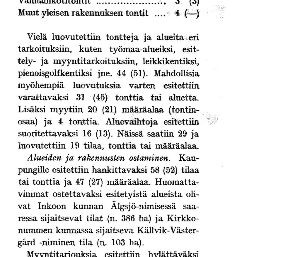 Huomattavimmat ostettavaksi esitetyistä alueista olivat Inkoon kunnan Algs jö-nimisessä saaressa sijaitsevat tilat (n. 386 ha) ja Kirkkonummen kunnassa sijaitseva Källvik-Västergärd -niminen tila (n.