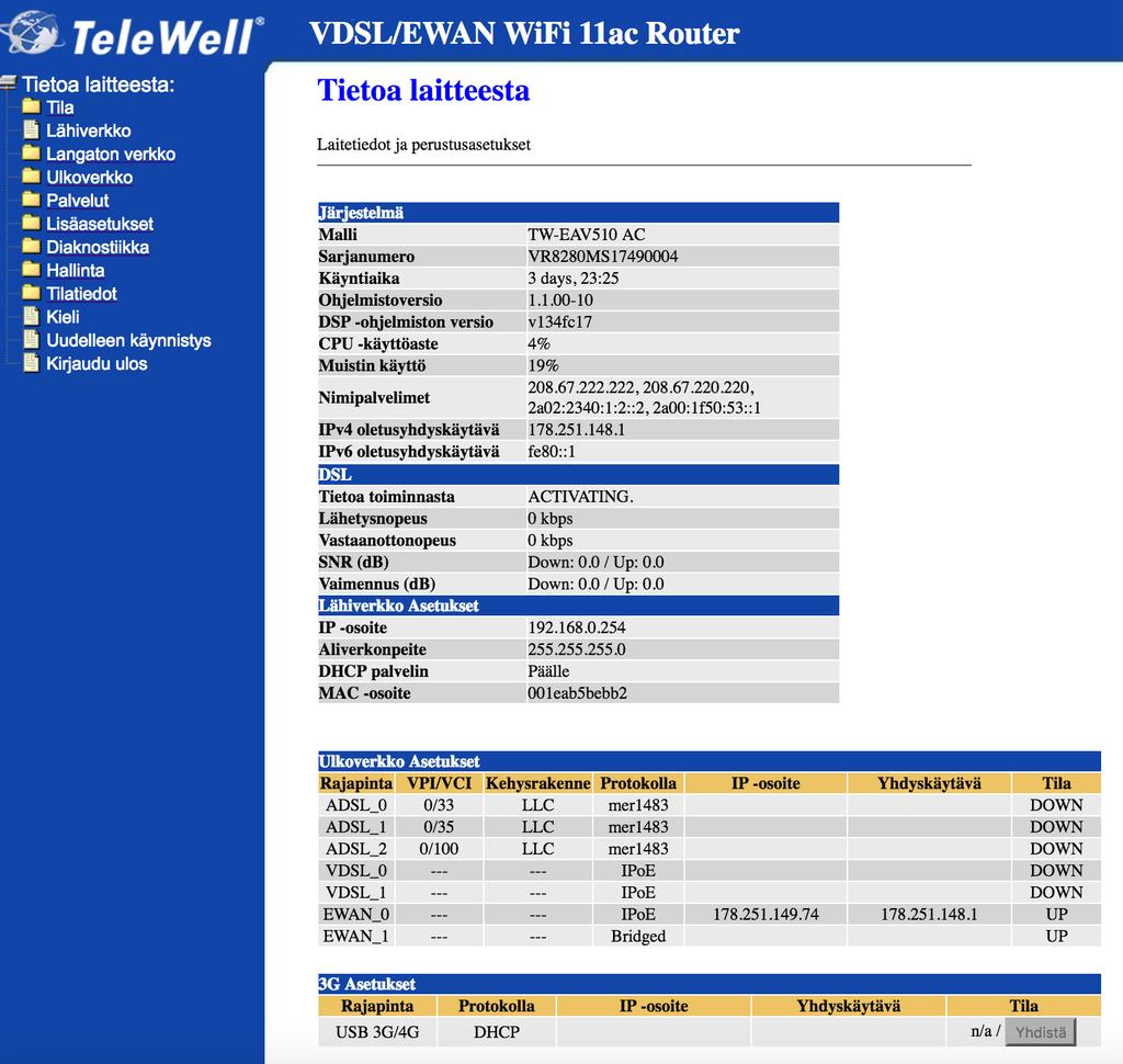 Tila Tietoa laitteesta Laite esittää suoraan Internet liittymän tiedot. Ohessa kuva perusasetuksista kun käytetään WAN yhteyttä IPV4 ja 6 protokollia.