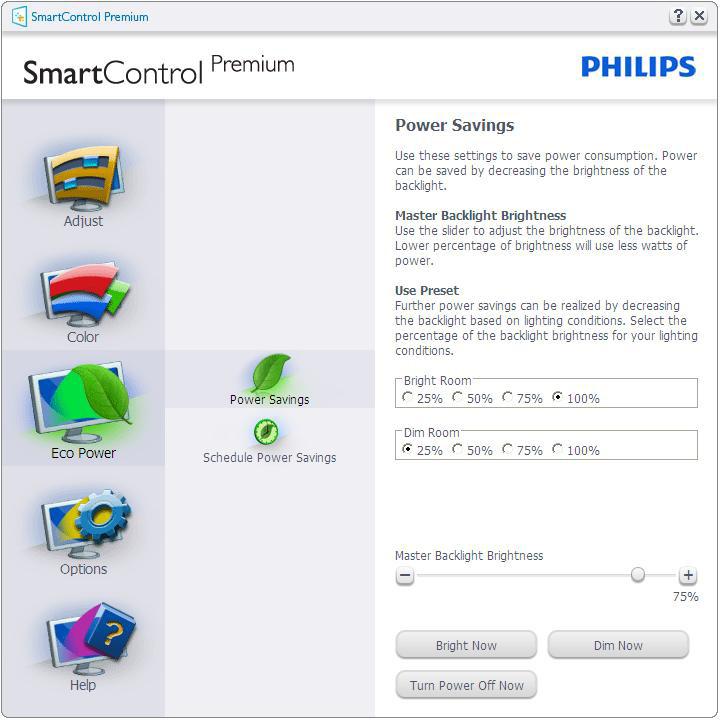 3. Kuvan optimointi Eco Power (Virransäästö) -valikko Options (Vaihtoehdot) -valikko Options (Vaihtoehdot) > Preferences (Asetukset) - On käytössä ainoastaan, kun Preferences (Asetukset) valitaan