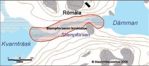 Kuva 26. Stampforsenin sijainti. Valuma-alue: Joen valuma-alue käsittää yläpuolisen valuma-alueen, jonka yläpuoliset järvet tasaavat virtaamavaihteluita.