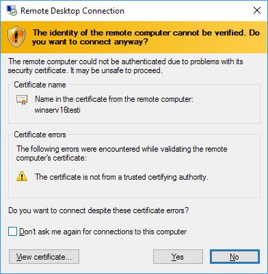 Kun käyttäjänimi ja salasana on laitettu, etätyöpöytäyhteys kysyy haluatko varmasti yhdistää virtuaalikoneeseen sertifikaattiongelmista huolimatta.