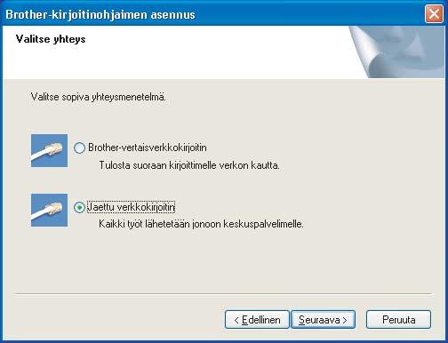 Kirjoitinohjaimen asennus 6 Valitse Jaettu verkkokirjoitin ja napsauta sitten Seuraava. 7 Valitse kirjoittimesi jono ja napsauta sitten OK.