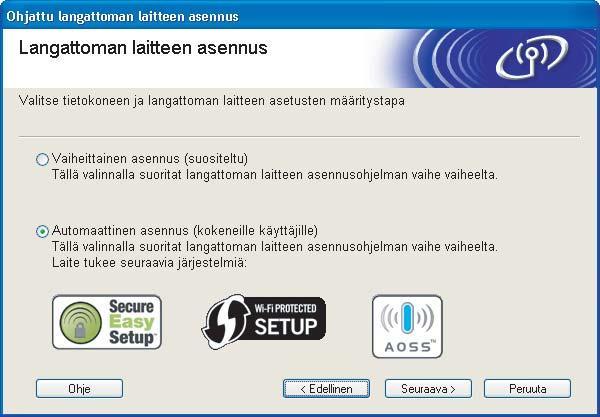 Kirjoitinohjaimen asennus 7 Valitse Automaattinen asennus (kokeneille käyttäjille) ja napsauta sitten Seuraava. 8 Tarkista näyttöön tuleva viesti ja napsauta Seuraava.