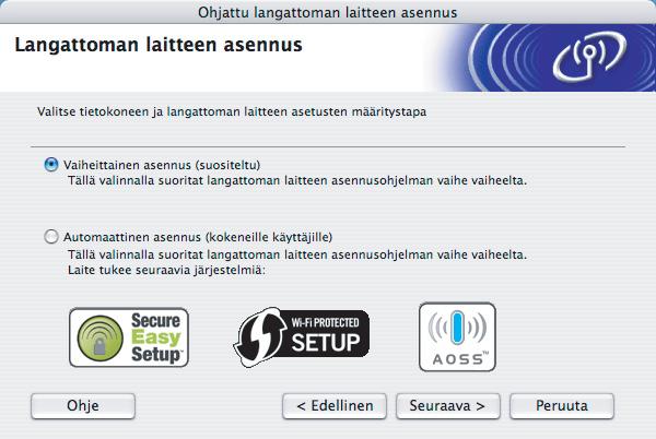 Vaihe 2 Kirjoitinohjaimen asennus Asennus infrastruktuuriverkkoon käyttäen tilapäisesti verkkokaapelia Ennen langattoman verkon asetusten määritystä 4 Osoita valikkonäytöllä kohtaa Asenna