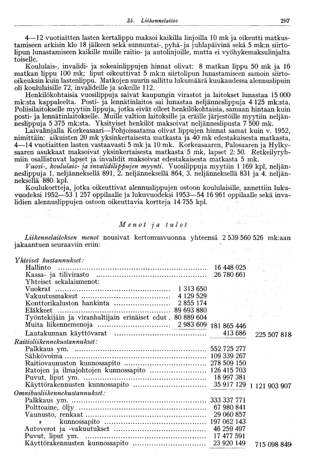 35. Liikennelaitos 297 4 12 vuotiaitten lasten kertalippu maksoi kaikilla linjoilla 10 mk ja oikeutti matkustamiseen arkisin klo 18 jälkeen sekä sunnuntai-, pyhä-ja juhlapäivinä sekä 5 mk;n