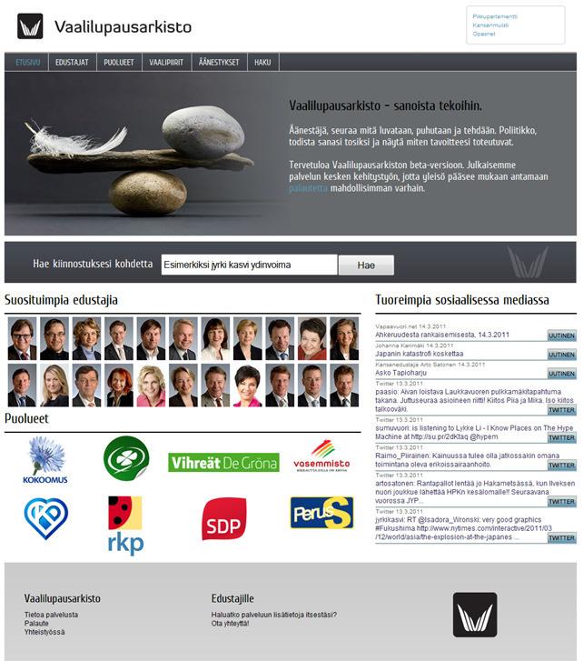 Vaalilupausarkisto Overview "Election promise archive" is a web site for political memory. You can find politicians' words, deeds and their news from the site.