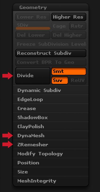 13 Kuva 5. Subdivisionit, DynaMesh ja ZRemesher löytyvät Työkaluvalikon Geometry-alavalikosta. Siveltimet löytyvät Brush-valikosta (Pixologic d). 2.2.3 Mistä aloittaa?