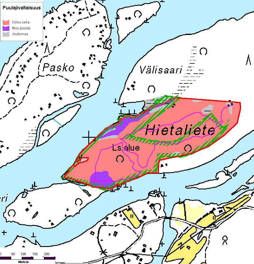 Kuva 2. Kemijokisuiston kohteiden kartoituksessa kuljetut reitit (pinkki viiva), puulajivaltaisuus ja inventoitavien kohteiden rajaus (punainen viiva).