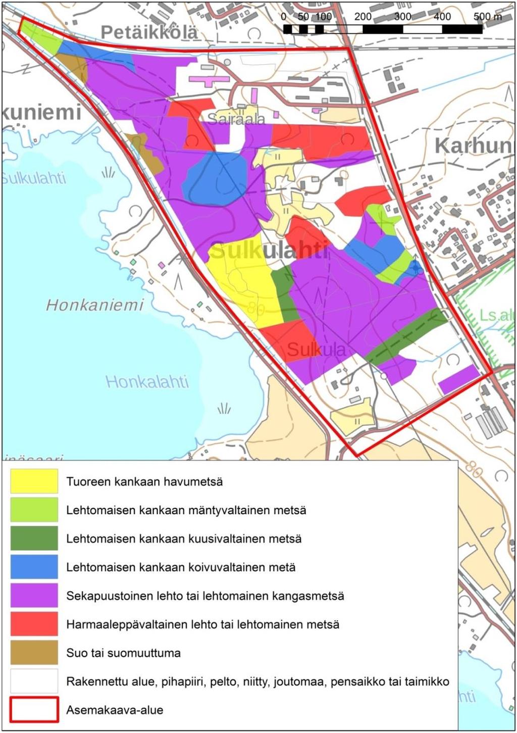 3 Kuva 2-2. Selvitysalueen metsätyypit. Metsäiset alueet muodostuvat lähinnä lehdoista ja lehtomaisista kangasmetsistä (ks. kuva 2-2).