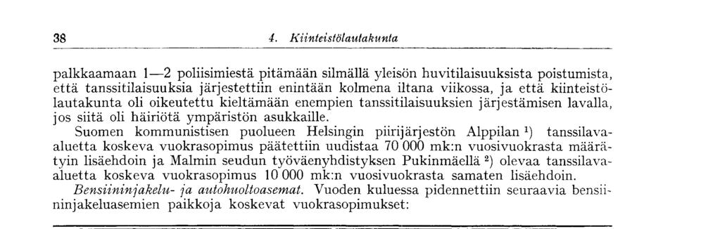 Suomen kommunistisen puolueen Helsingin piirijärjestön Alppilantanssilavaaluetta koskeva vuokrasopimus päätettiin uudistaa 70 000 mk:n vuosivuokrasta määrätyin lisäehdoin ja Malmin seudun