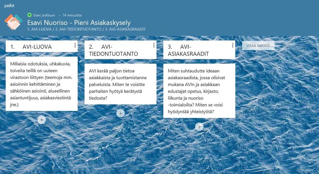 ESAVI nuoriso Pieni Asiakaskysely Padlet-linkki: padlet.