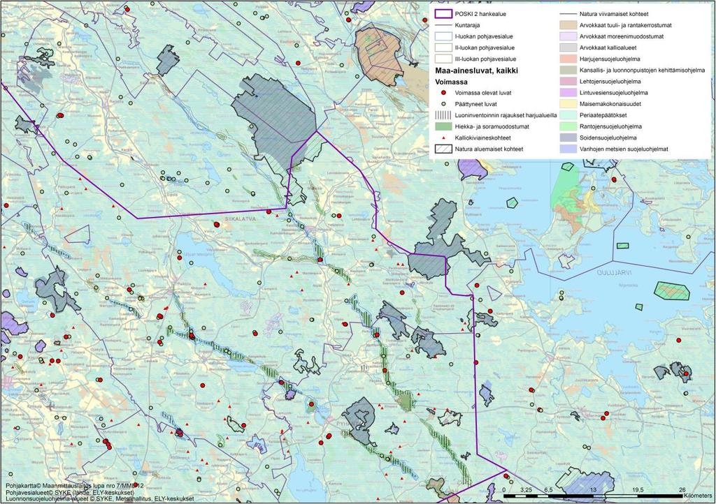 31 GTK:n tietokannassa koko Siikalatvan kunnassa on 99 hiekka- ja soraesiintymää ja näissä muodostumissa on yhteensä pohjavesipinnan yläpuolella 85,1 miljoonaa kuutiota maa-aineksia.