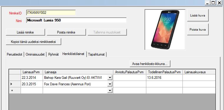 NIMIKKEIDEN LAINAT Henkilöstölla on usein hallussaan organisaation nimikkeitä (matkapuhelimia, tietokoneita jne.). Tällä välilehdellä pidetään kirjaa mitä kenelläkin on hallussaan.