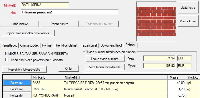 Tämän välilehden avulla tiedetään mitä paketti sisältää. Jos hinnat ovat mukana, saadaan paketti hinnoiteltua napin painalluksella.