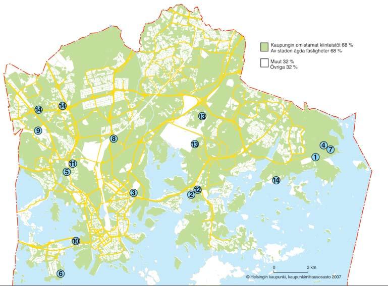 samfällighet, grannkommunerna, SAD) Helsingin maa-alueet, 2006 Helsingfors markområden, 2006 Kaupungin omistamat maa-alueet 68 % Av staden markinnehav 68 % Muut 32 % Övriga 32 % Merkittävät