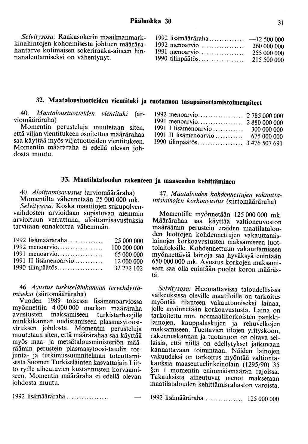 Pääluokka 30 31 Selvitysosa: Raakasokerin maailmanmarkkinahintojen kohoamisesta johtuen määrärahantarve kotimaisen sokeriraaka-aineen hinnanalentamiseksi on vähentynyt. 1992 lisämääräraha.