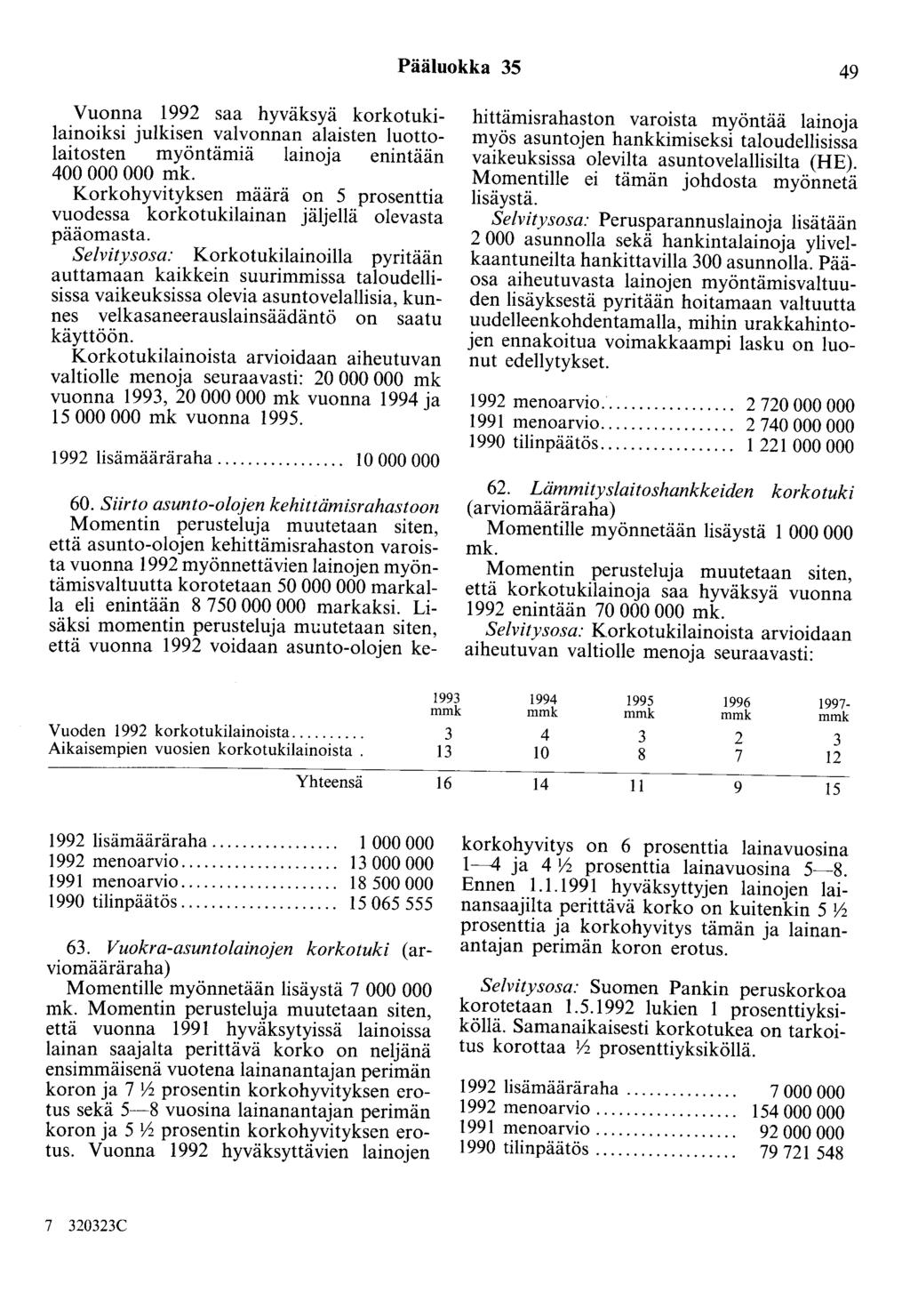 Pääluokka 35 49 Vuonna 1992 saa hyväksyä korkotukilainoiksi julkisen valvonnan alaisten luottolaitosten myöntämiä lainoja enintään 400 000 000 Korkohyvityksen määrä on 5 prosenttia vuodessa