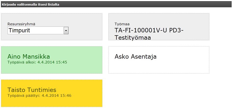 Läsnäoloseuranta Selaimella käytettävä työmaan reaaliaikaiseen läsnäoloseurantaan suunniteltu sovellus Näkymät