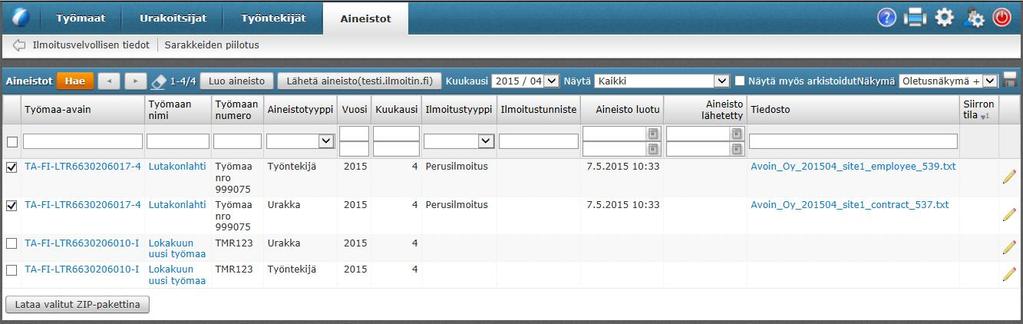 Aineistot Voit luoda ja toimittaa usean työmaan aineistot muutamalla hiiren klikkauksella suoraan verottajalle (perus- ja korjausilmoitukset) Aineistojen lähetykseen tarvitaan tili verottajan