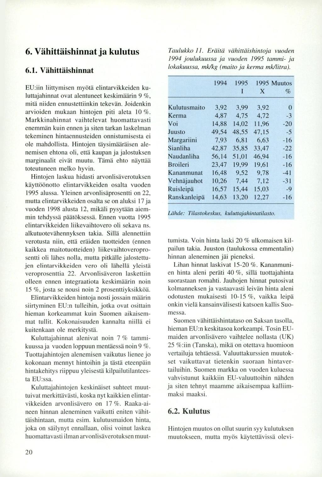 6, Vähittäishinnat ja kulutus Taulukko 11. Eräitä vähittäishintoja vuoden 1994 joulukuussa ja vuoden 1995 tammi- ja lokakuussa, mk/kg (maito ja kerma mk/litra). 6.1. Vähittäishinnat EU:iin liittymisen myötä elintarvikkeiden kuluttajahinnat ovat alentuneet keskimäärin 9 %, mitä niiden ennustettiinkin tekevän.