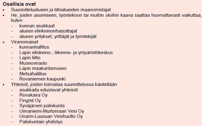 Osallisten toivotaan ottavan osaa kaavoitusprosessiin. Osalliset Oheinen luettelo esittää pääosan osallisista, mutta ei ole ketään poissulkeva.