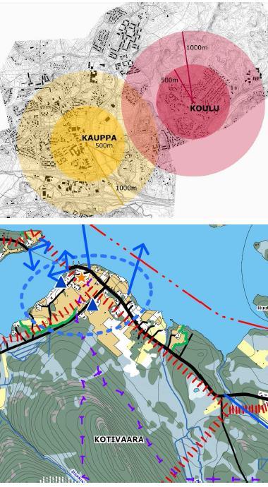 Edullisuustekijöihin ja/tai ympäristöarvoihin perustuva vyöhykejako Lähtökohta kyläalueen suunnittelulle Kiinteistöjako ei ole määräävä, mutta rakennusoikeudet määritetään