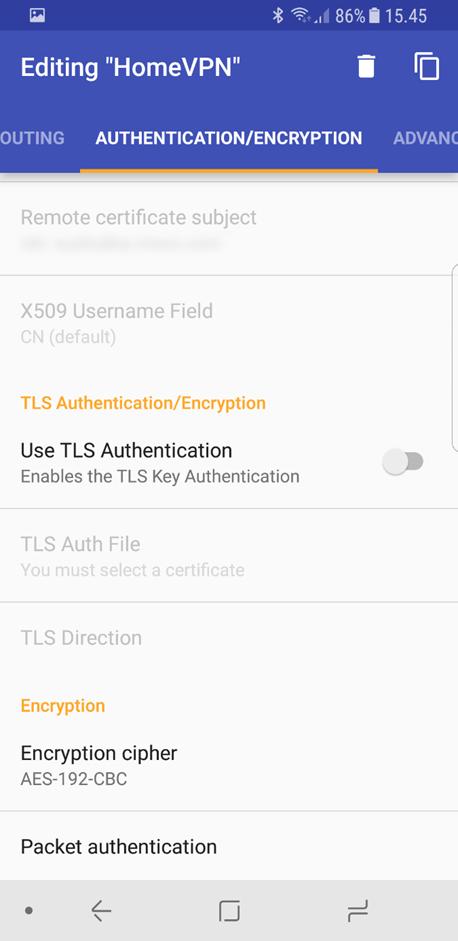 kirjoittamassa Encryption cipher-kohtaan: AES-192-CBC.