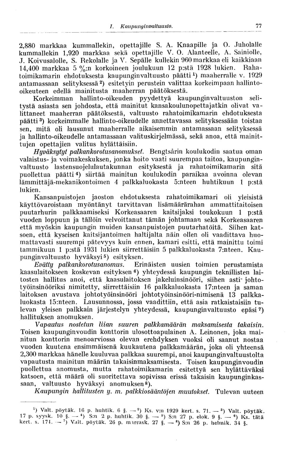 77 2,880 markkaa kummallekin, opettajille S. A. Knaapille ja O. Juholalle kummallekin 1,920 markkaa sekä opettajille V. O. Alanteelle, A. Sainiolle, J. Koivusalolle, S. Rekolalle ja Y.