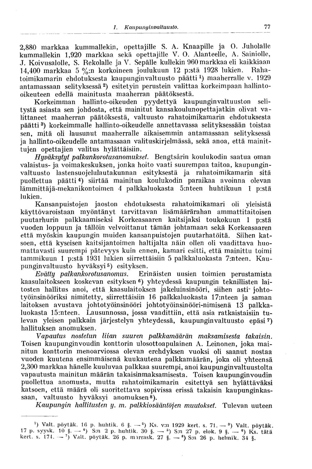 77 2,880 markkaa kummallekin, opettajille S. A. Knaapille ja O. Juholalle kummallekin 1,920 markkaa sekä opettajille V. O. Alanteelle, A. Sainiolle, J. Koivusalolle, S. Rekolalle ja Y.