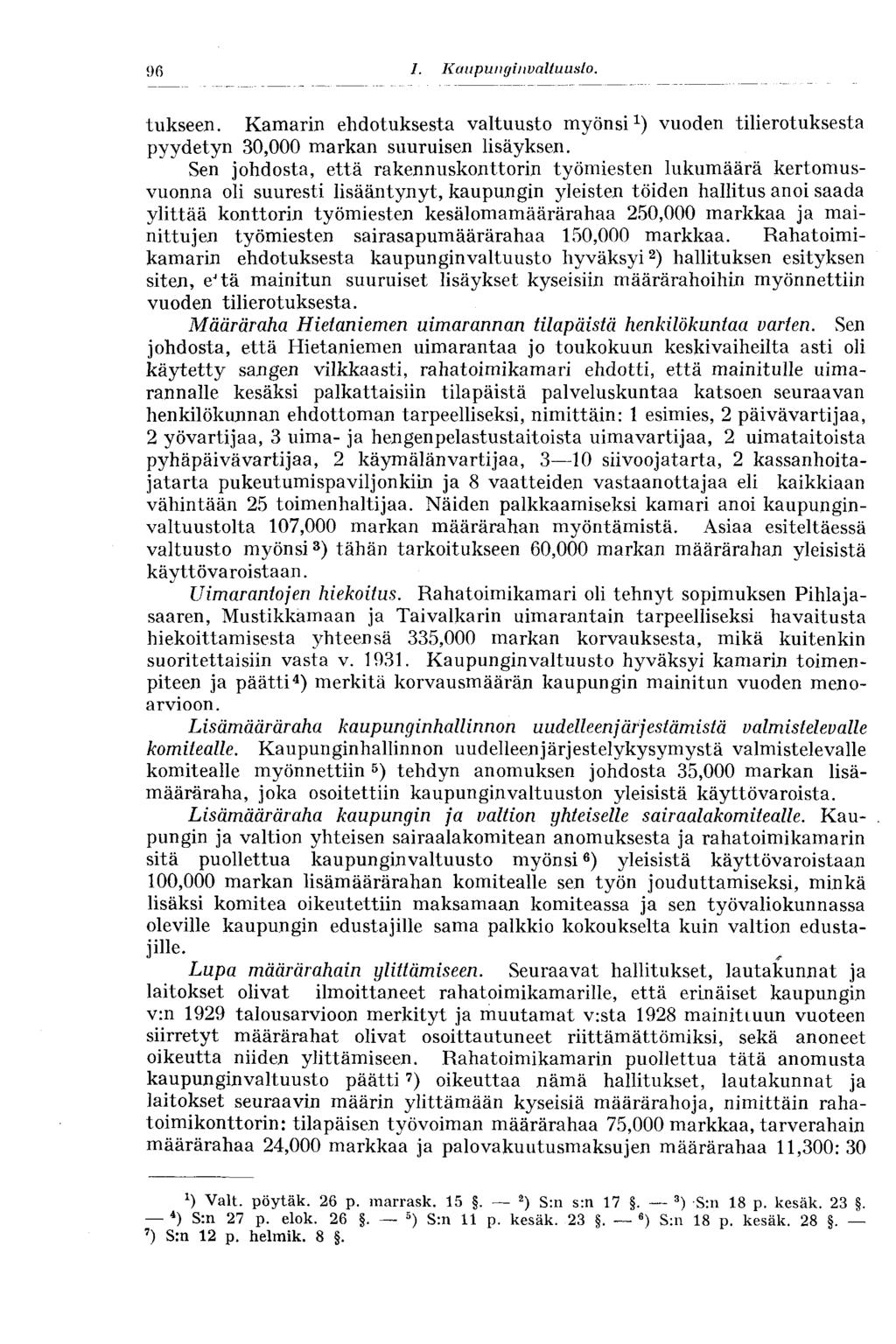 I. Kaupunginvaltuusto. 96 tukseen. Kamarin ehdotuksesta valtuusto myönsi 1 ) vuoden tilierotuksesta pyydetyn 30,000 markan suuruisen lisäyksen.