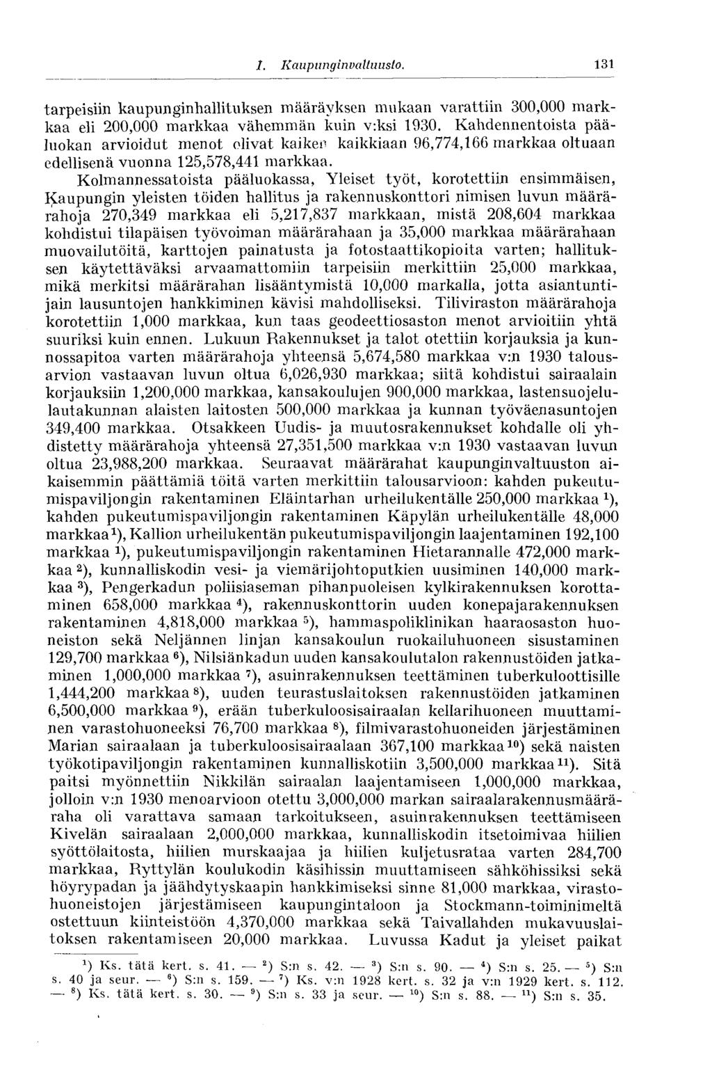 I. Kaupunginvaltuusto. 131 tarpeisiin kaupunginhallituksen määräyksen mukaan varattiin 300,000 markkaa eli 200,000 markkaa vähemmän kuin v:ksi 1930.