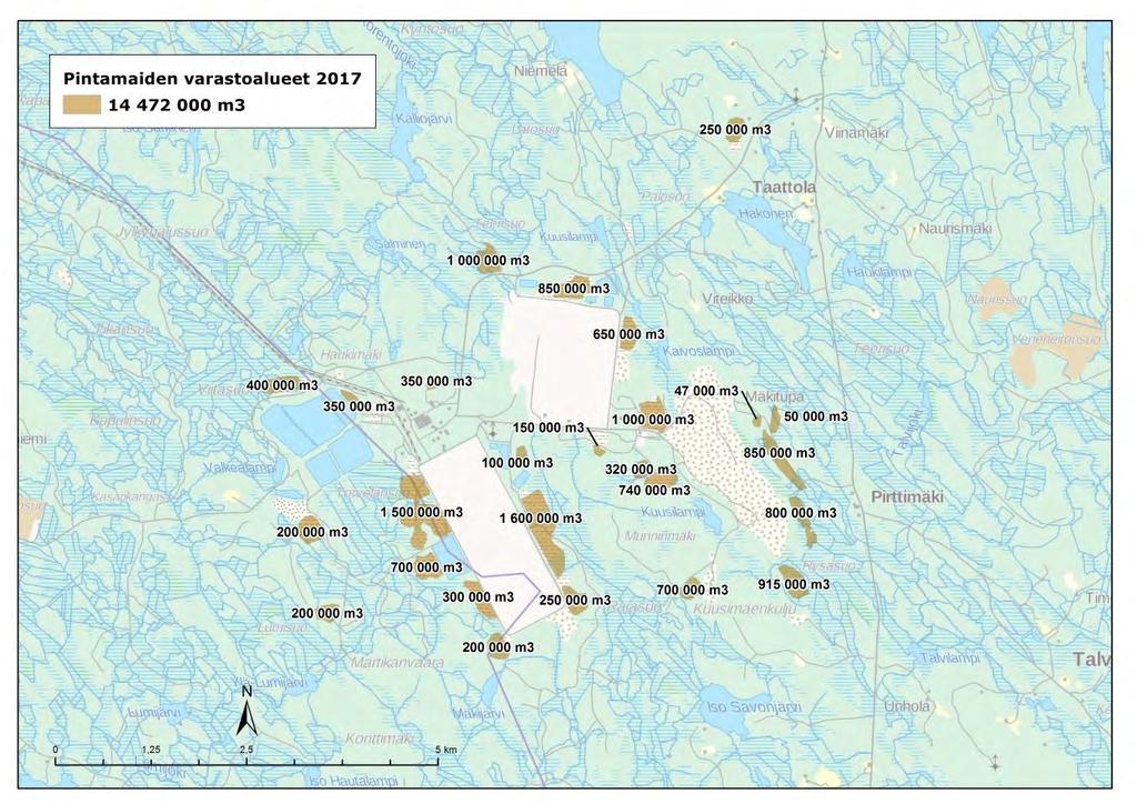 JÄTEHUOLTOSUUNNITELMA 10 Kuva 3. Pintamaiden varastoalueet (tilanne vuonna 2017). 2.11 Jätteiden hyötykäyttö Osa jätejakeista hyödynnetään kaivosalueen maarakenteissa tai myöhemmin jälkihoidossa.