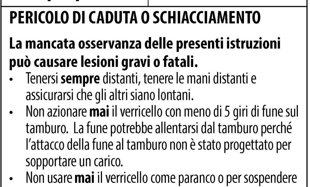 Sicurezza nell uso del verricello: Ispezionare sempre la fune del verricello, il gancio e le imbracature prima di usare il verricello.