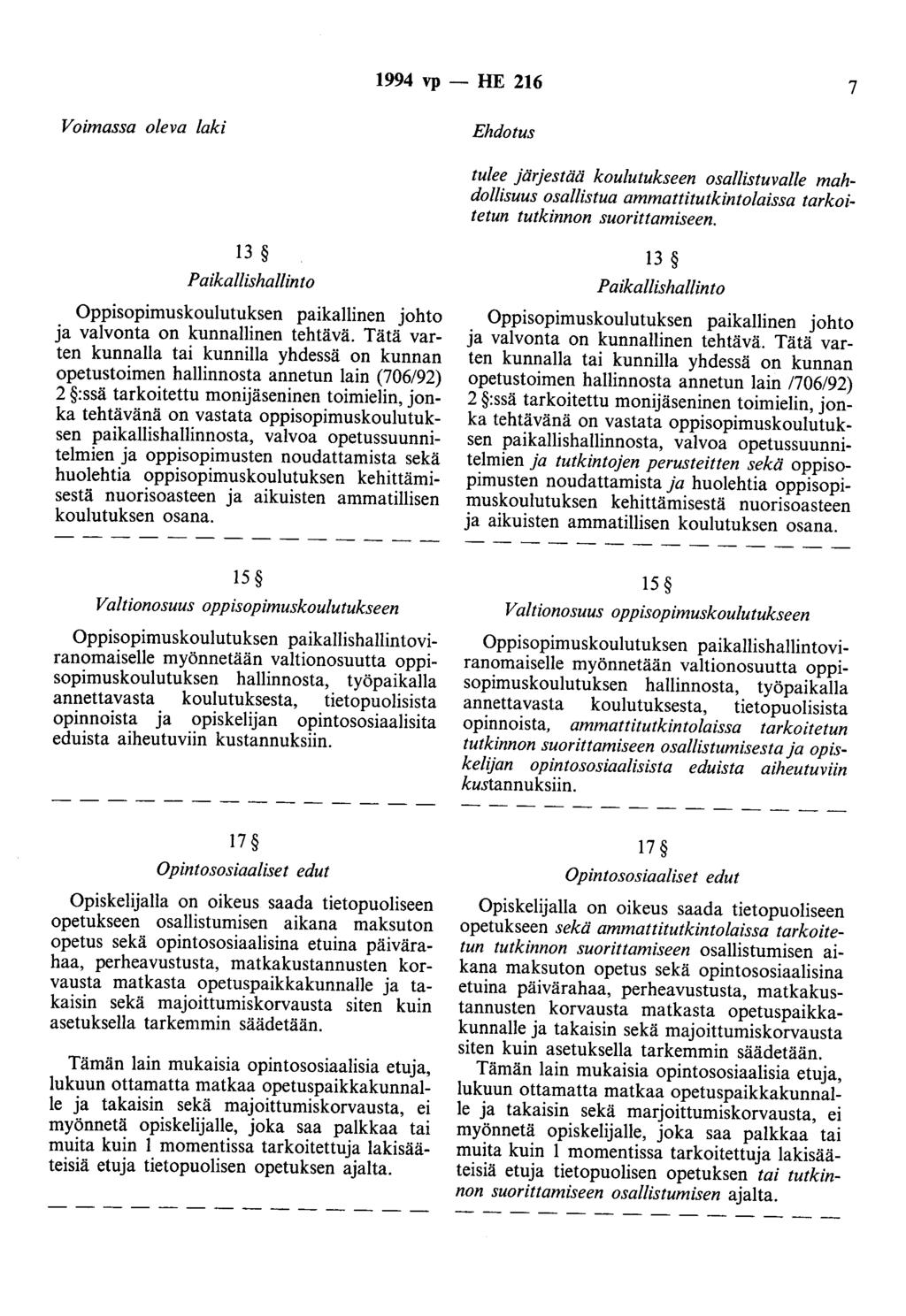 1994 vp -- lfe 216 7 Voimassa oleva laki Ehdotus tulee järjestää koulutukseen osallistuvalle mahdollisuus osallistua ammattitutkintolaissa tarkoitetun tutkinnon suorittamiseen.