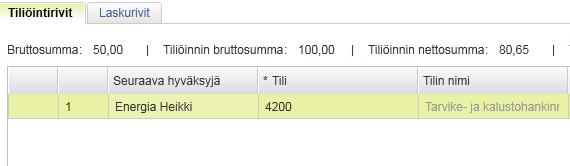 Uusi lasku tarkastettavaksi Tarkasta rivin hyväksyjä: hyväksyjä määräytyy kustannuspaikkakohtaisesta hyväksyntämatriisista (hyväksyjille on määritelty ohjelmaan, mihin kustannuspaikkoihin heillä on