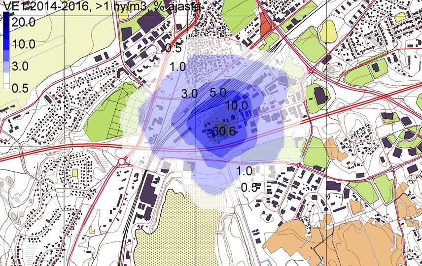 VERTAILEVA TARKASTELU TOIKANSUOLLE, VE1 Hyväristönmäen mallinnus siirrettynä nykyisen Toikansuon jätevedenpuhdistamon paikalle VE1 = puhdistamolla ei hajunkäsittelyä Havaittavan hajun piiriin jää