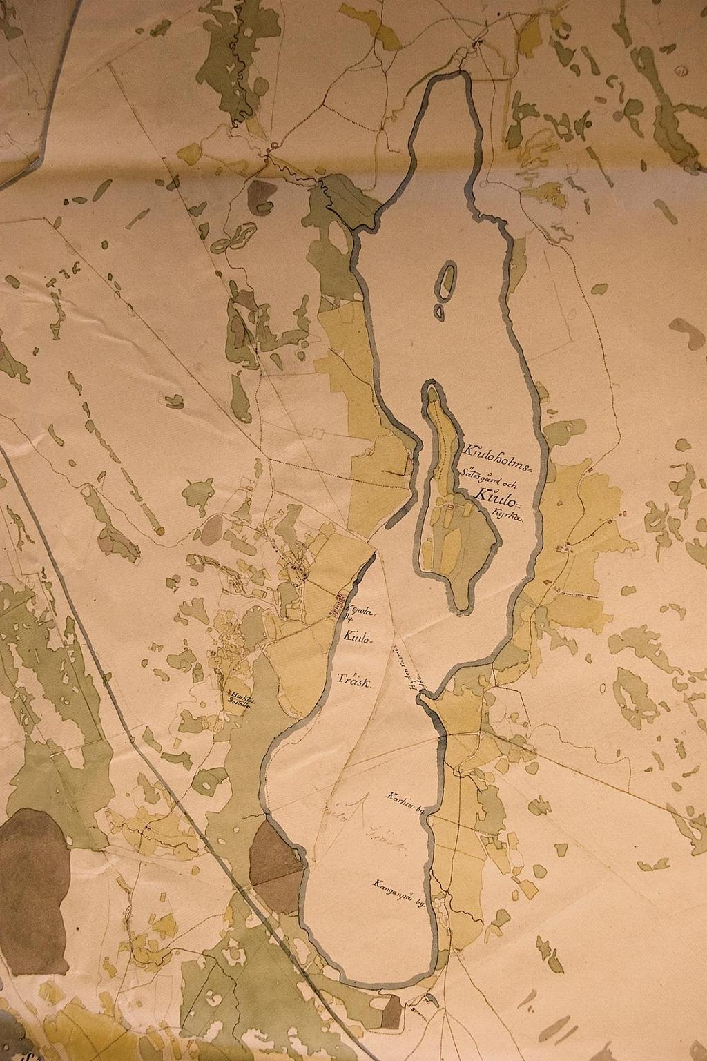 Köyliönjärven ympäristöä 1700-luvun sotilaskartassa, jossa pellot