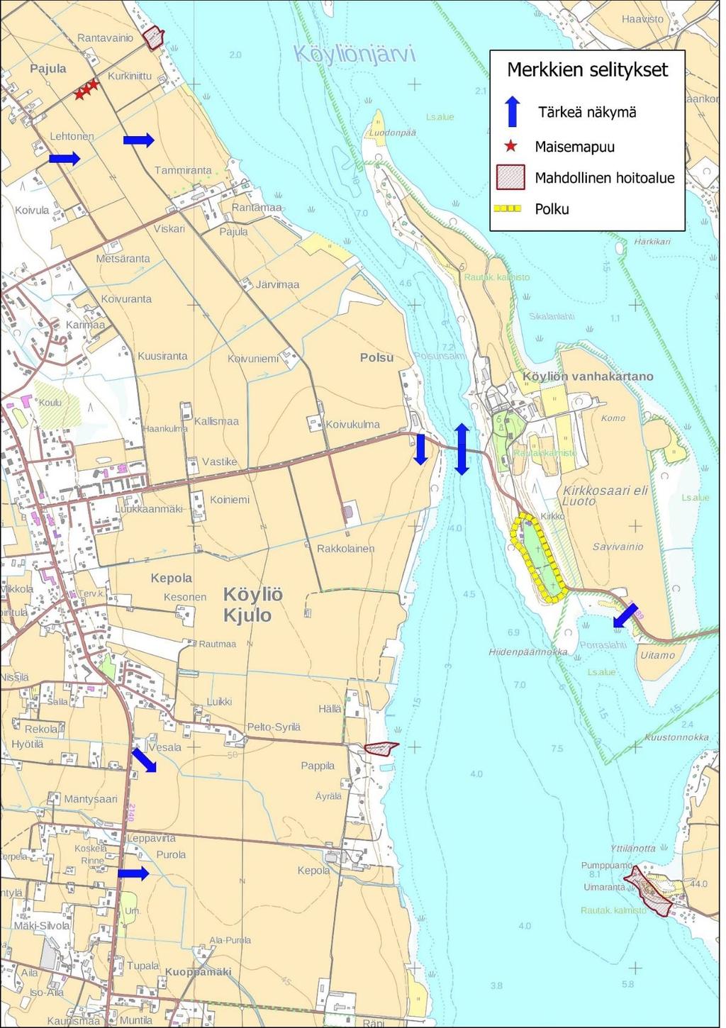 Kepolan kylän kehittämisehdotuksia: Pappilan rannan kohentaminen Kirkkosaareen johtavan koivukujan alkupään puskien