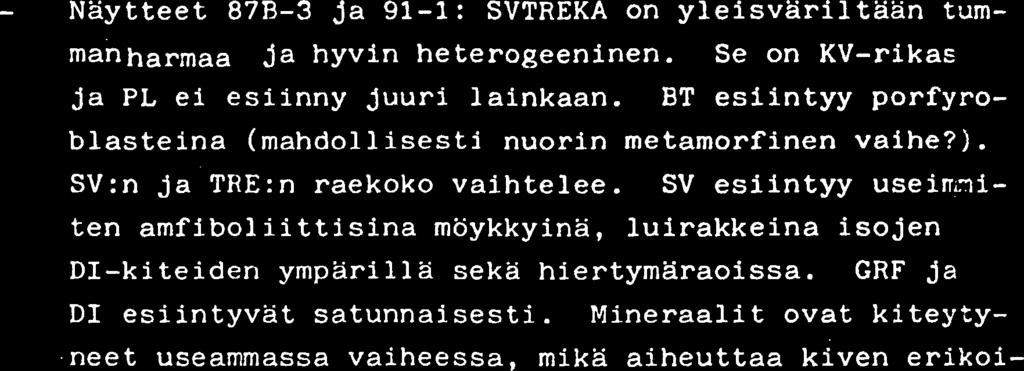 Q 0 K MALMINETSINTX - Naytteet 87B-3 ja 91-1: SVTREKA on yleisvariltaan tummanharmaa ja hyvin he terogeeninen. Se on KV-rikas ja PL ei esiinny juuri lainkaan.