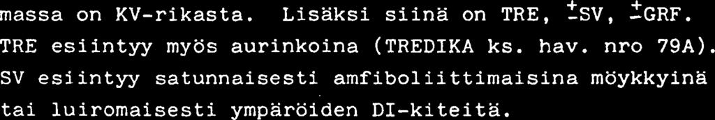 SV esiintyy useinqiten amfiboliittisina moykkyina, luirakkeina isojen DI-kiteiden ymparilla seka hiertymaraoissa. GRF ja DI esiintyvat satunnaisesti. Mineraalit ovat kiteyty-.