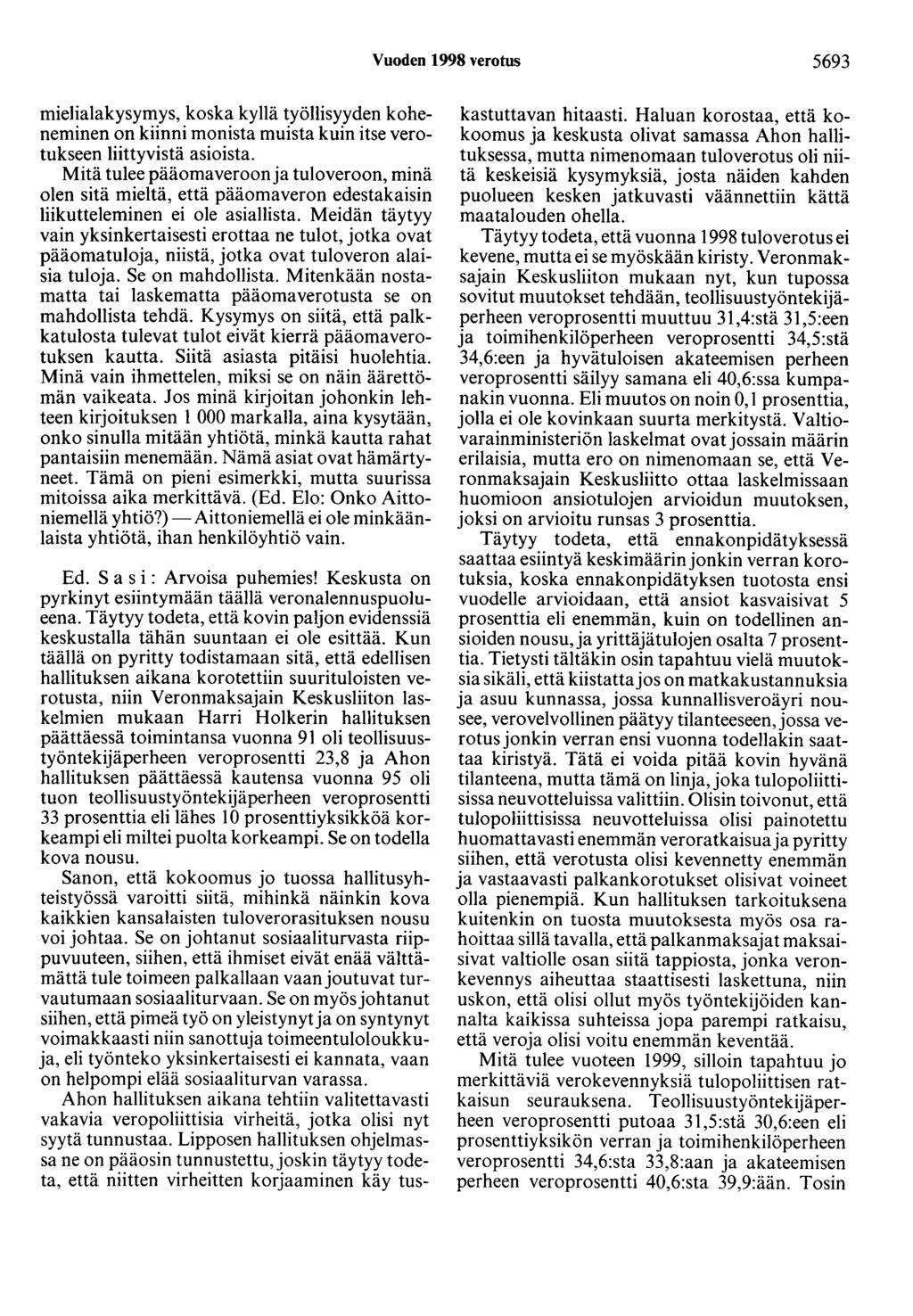 Vuoden 1998 verotus 5693 mielialakysymys, koska kyllä työllisyyden koheneminen on kiinni monista muista kuin itse verotukseen liittyvistä asioista.