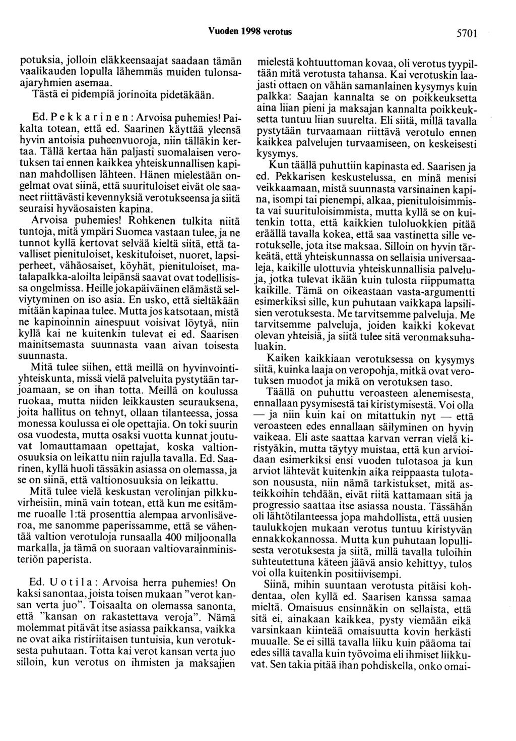 Vuoden 1998 verotus 5701 potuksia, jolloin eläkkeensaajat saadaan tämän vaalikauden lopulla lähemmäs muiden tulonsaajaryhmien asemaa. Tästä ei pidempiä jorinoita pidetäkään. Ed.