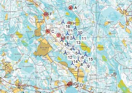Project: Tuulivoimahanke Description: Haapajärvi DECIBEL - Main Result Calculation: Välikangas 16xG132 hh140m Noise calculation model: ISO 9613-2 General Wind speed: 8,0 m/s Ground attenuation: