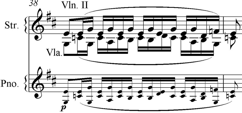35 KUVIO 32. Alhaalla triolikuvio Rahmaninovin etydistä Op. 39, no 6, tahti 111, yläpuolella Respighin orkestraalinen toteutus samasta kuviosta. 3.5 No 5: Marche Sarjan viimeinen kappale, Marche (Marssi) perustuu Rachmaninovin etydiin op.