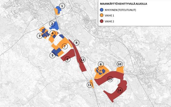 Vaiheessa 1 Moreenin maankäytön on arvioitu olevan noin 490 000 k-m 2. Maankäytön kasvu painottuu alueen pohjois- ja keskiosaan (alueet 3 5 ja 7).