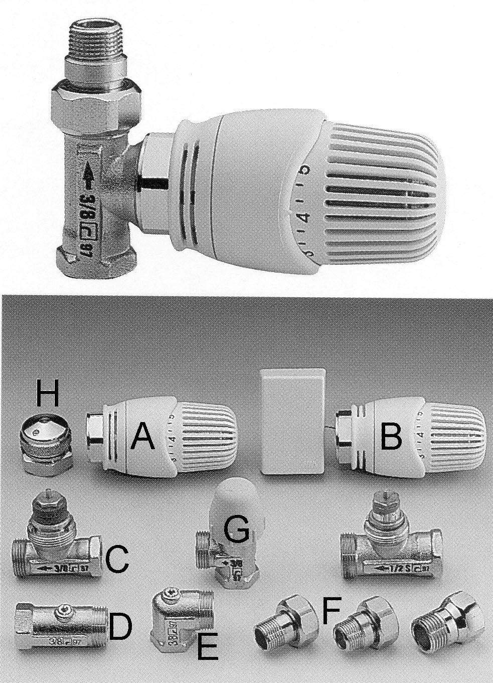 Vieressä on Danfoss-venttiili ja kiintoanturi A Kiintoanturi B Irtoanturi C Suora patteriventtiilin