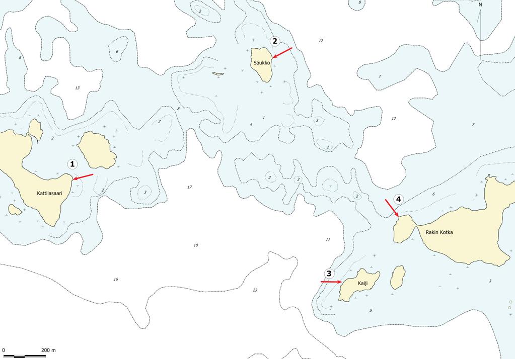 2. Tutkimusalue Vuonna 2005 perustettiin ja tutkittiin neljä vesikasvillisuuslinjaa Rakin Kotkan länsipuolelle suunnitellun ruoppauspaikan ympäristöön (kuva 2) (Leinikki 2005).