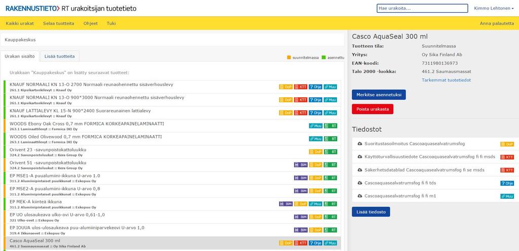 RT urakoitsijan tuotetieto tuotteiden
