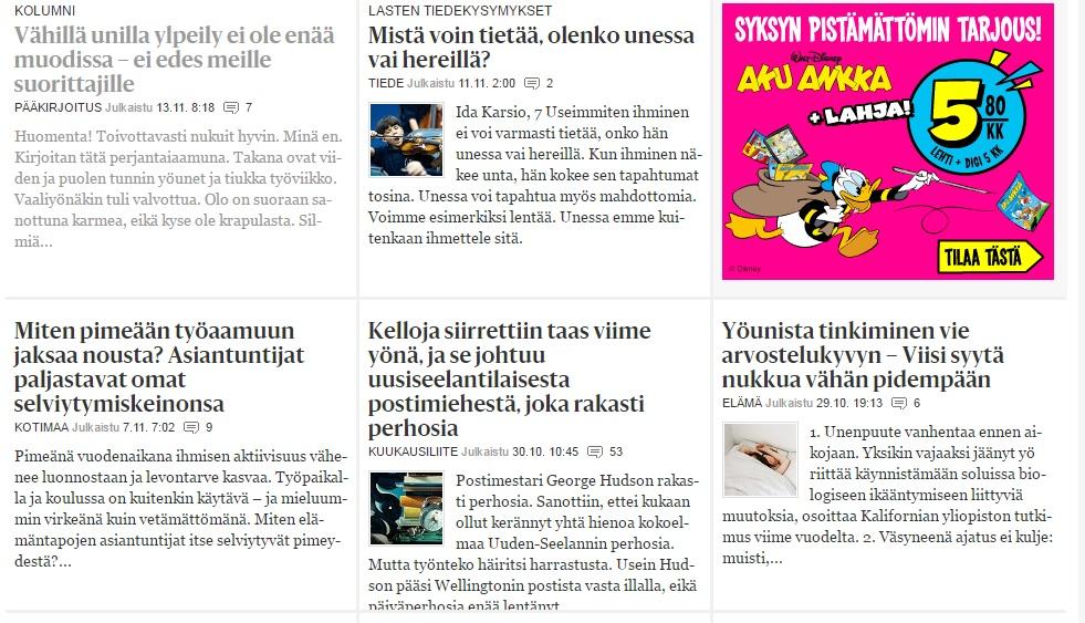 Uni ja nukkuminen ovat aiheina erittäin suosittuja myös Hesarin sivuilla.